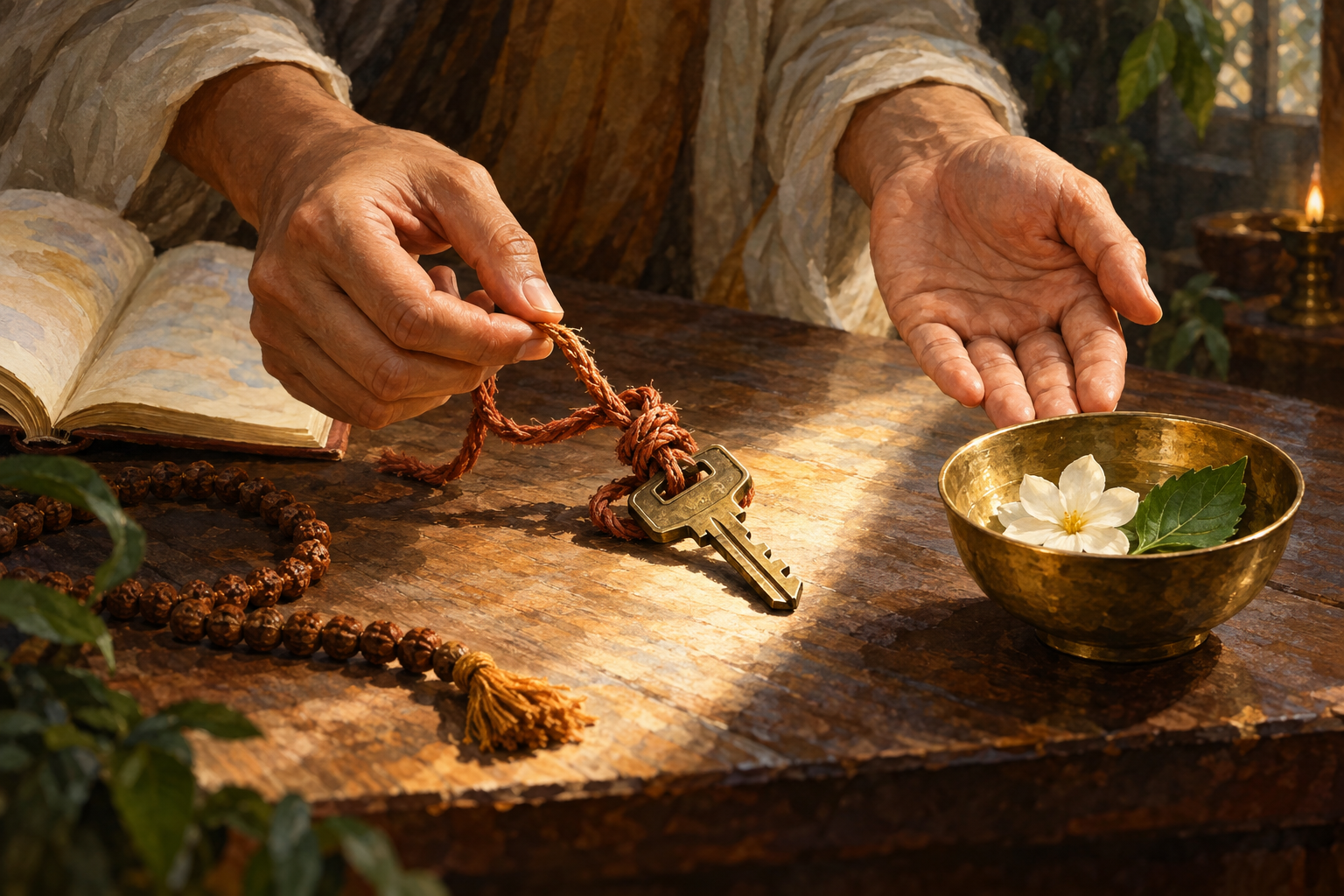 Two hands pause over a table as one loosens a cord knotted around a key and the other turns toward a flower and tulasi leaf in an offering bowl.