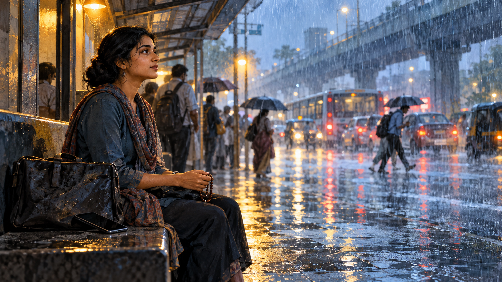 A calm commuter holds prayer beads beneath a station shelter while heavy rain falls and hurried travelers move in the background.