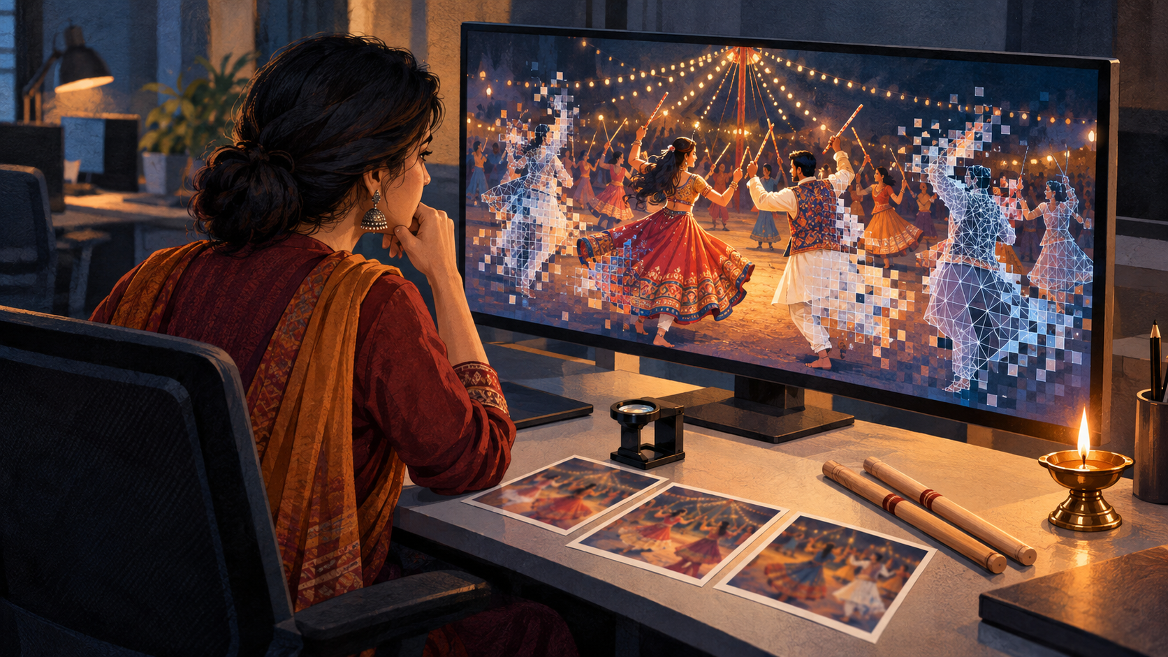 Illustration of an editor examining a synthetic Navratri dance scene that dissolves into pixels on a newsroom monitor, with dandiya sticks and a brass oil lamp on the desk.