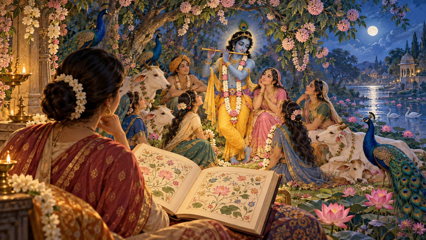 A South Asian reader sits before an open book as a luminous scene of Krishna with a flute, devotees, cows, peacocks, and flowering trees unfolds in a moonlit grove.