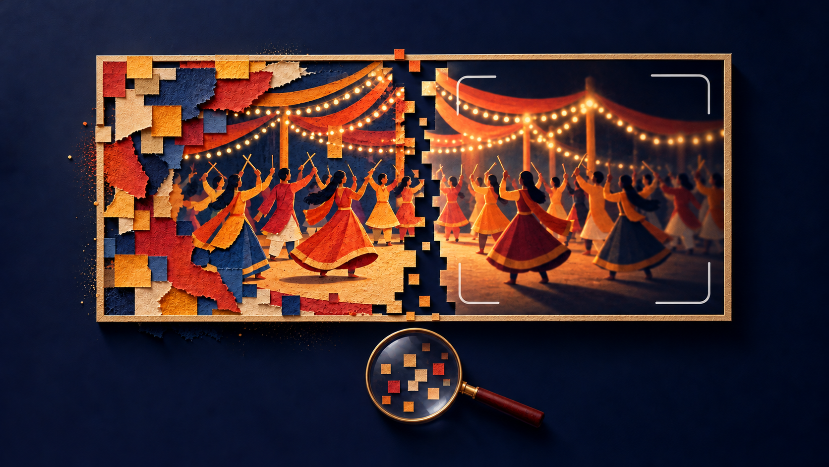 Conceptual illustration of a Navratri crowd image divided between paper-and-pixel construction and an incomplete camera viewfinder, with a magnifying glass revealing digital fragments.