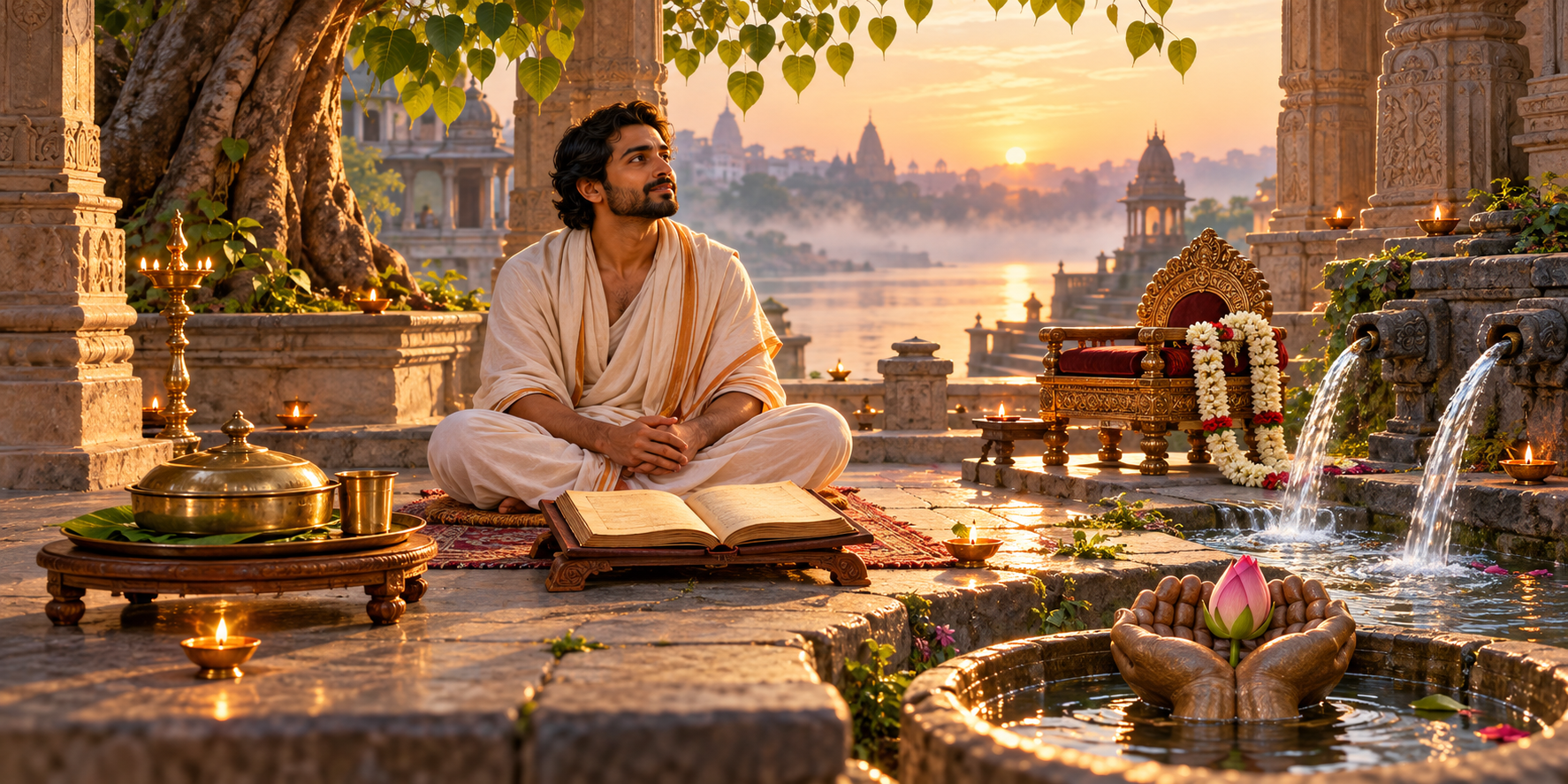 A seeker listens beside an open manuscript in a dawn temple courtyard, surrounded by a covered meal, a flower garland, converging streams, and a lotus bud.