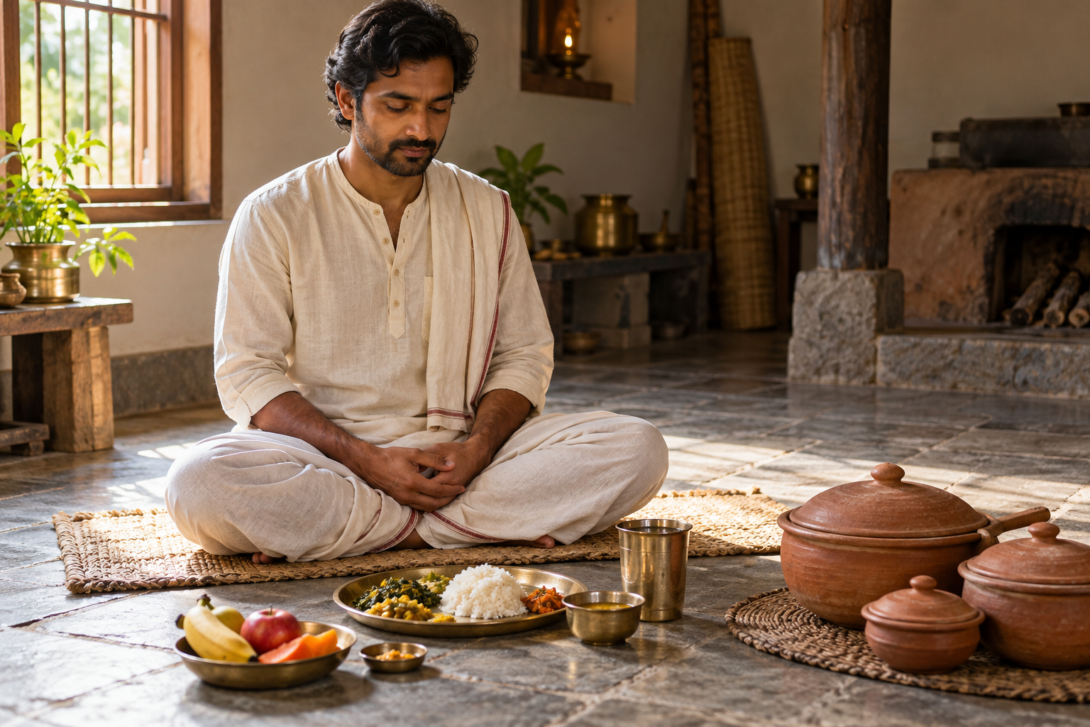 A practitioner pauses calmly before a modest meal while additional food remains covered in clay vessels.