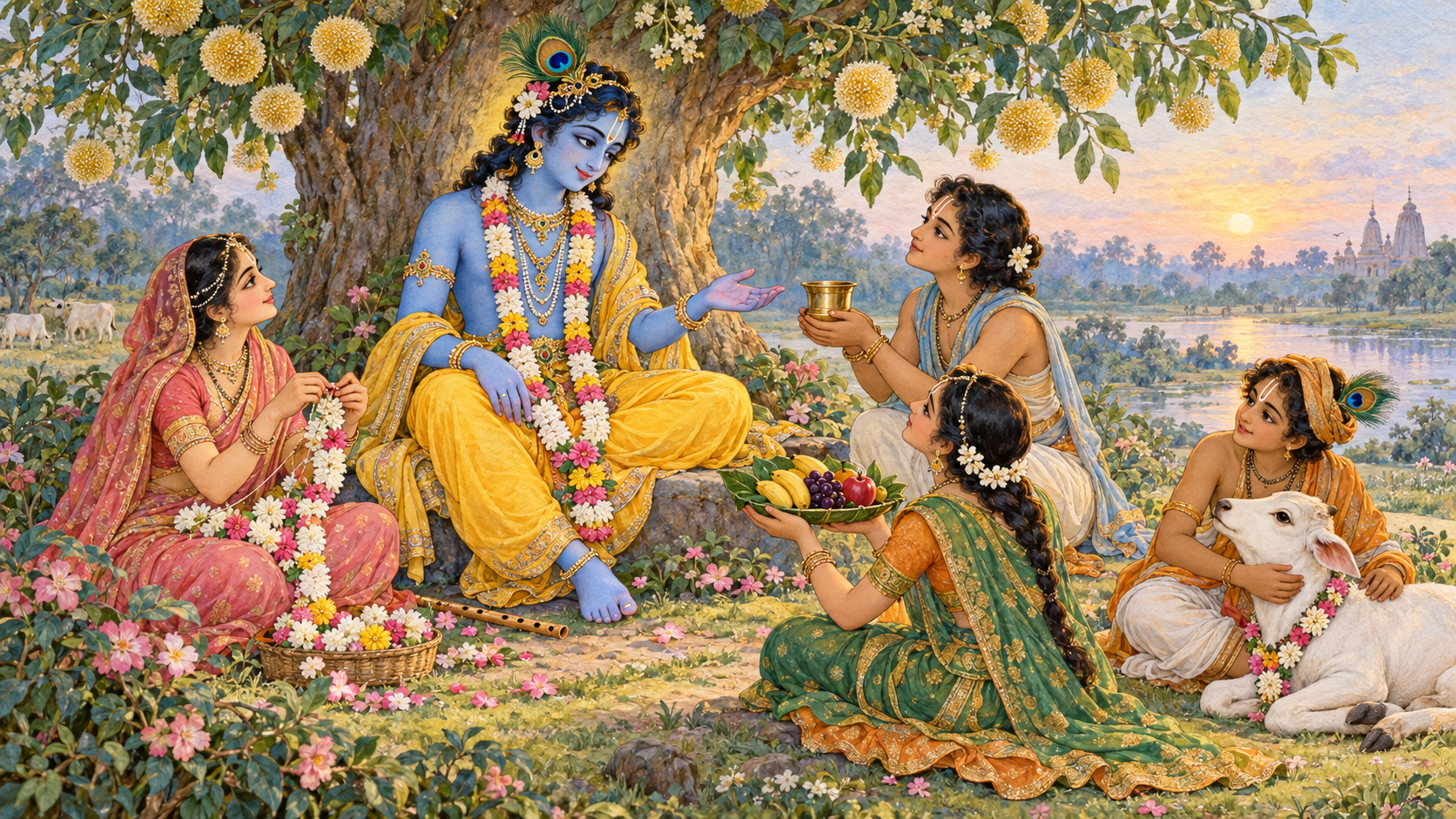 Krishna sits beneath a flowering tree while devotees offer a garland, water, fruit, and care for a calf around him.