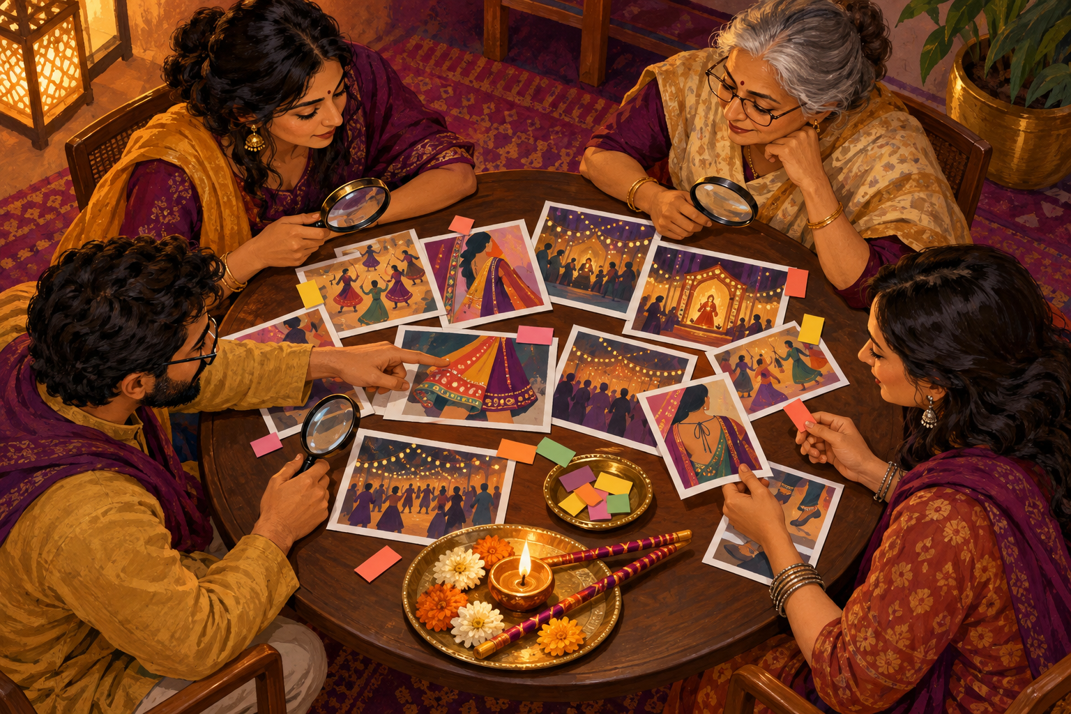 Overhead illustration of four community reviewers examining Navratri image thumbnails around a table with a diya, flowers, and dandiya sticks.