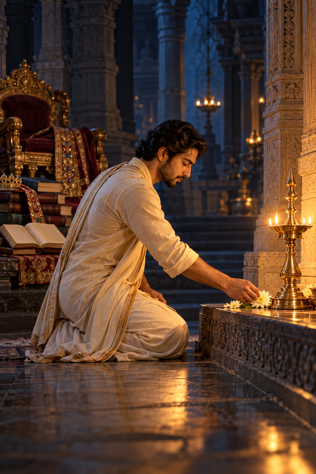 A kneeling seeker offers a flower beside an altar lamp while an ornate chair and scholarly books remain in the shadows.