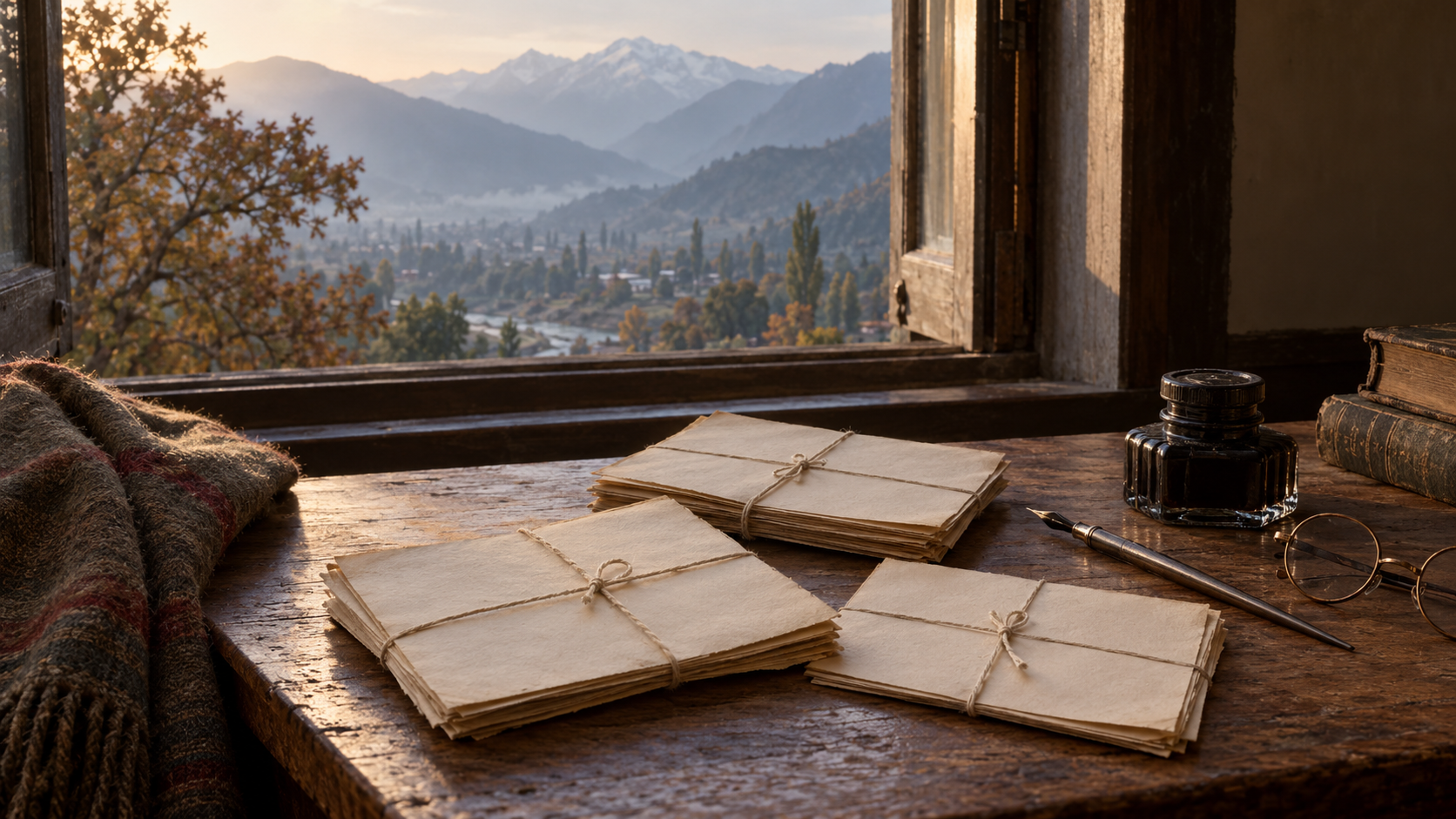 Folded archival letters, an inkwell, a dip pen, and spectacles rest on a wooden desk overlooking a misty Himalayan valley.