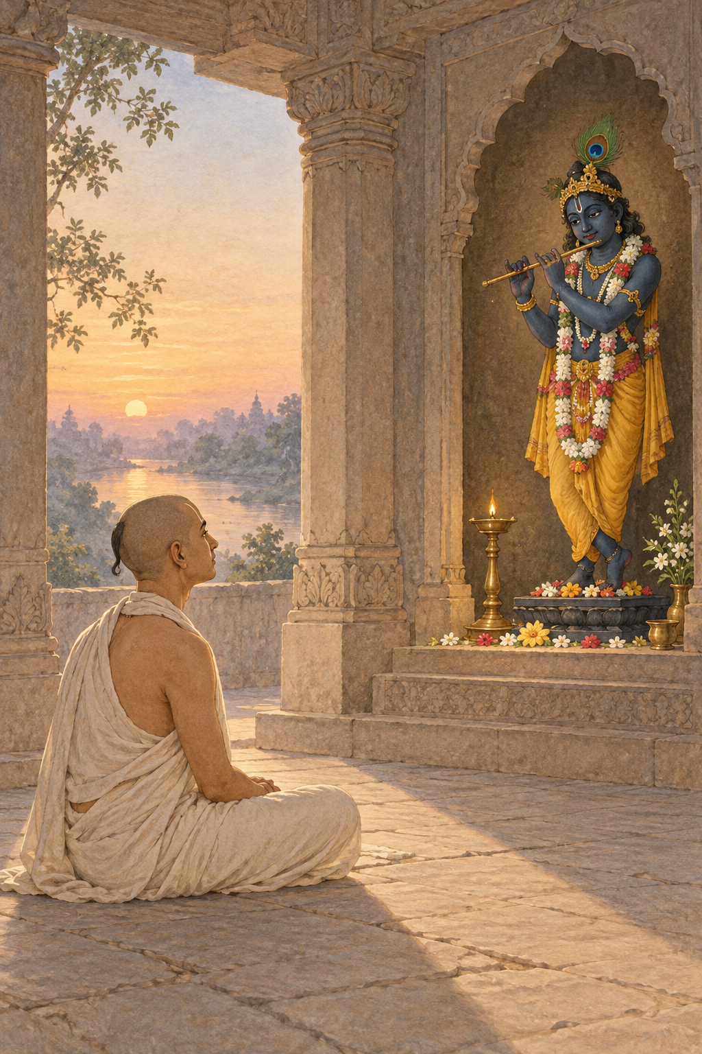 A renunciant in plain cotton sits in a spare stone pavilion before a brightly adorned standing image of Krishna and a small oil lamp.