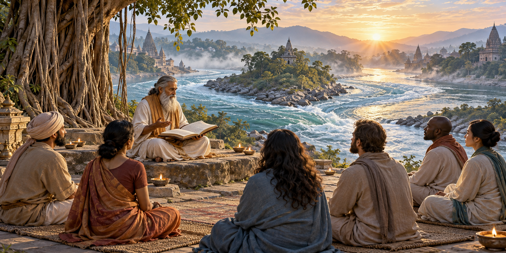 A small group listens to a scripture reading beside a river where two clear currents merge into one channel.