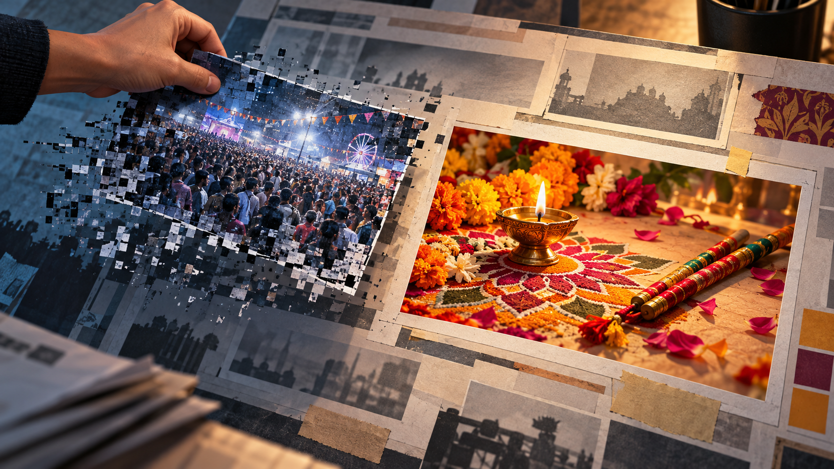 Illustration of a fragmented artificial crowd image being removed from a page layout and replaced with a Navratri still life of a diya, flowers, floor decoration, and dandiya sticks.