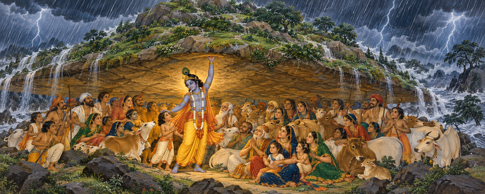 Krishna lifts Govardhan Hill above villagers and cattle, reassuring a child as heavy rain falls outside their shelter.