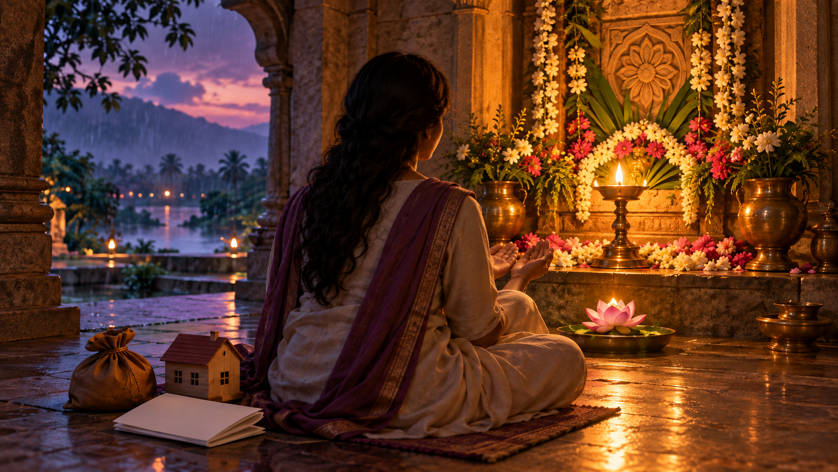 A devotee prays before a glowing lamp and lotus while a coin pouch, small house model, and blank folded paper rest behind them.