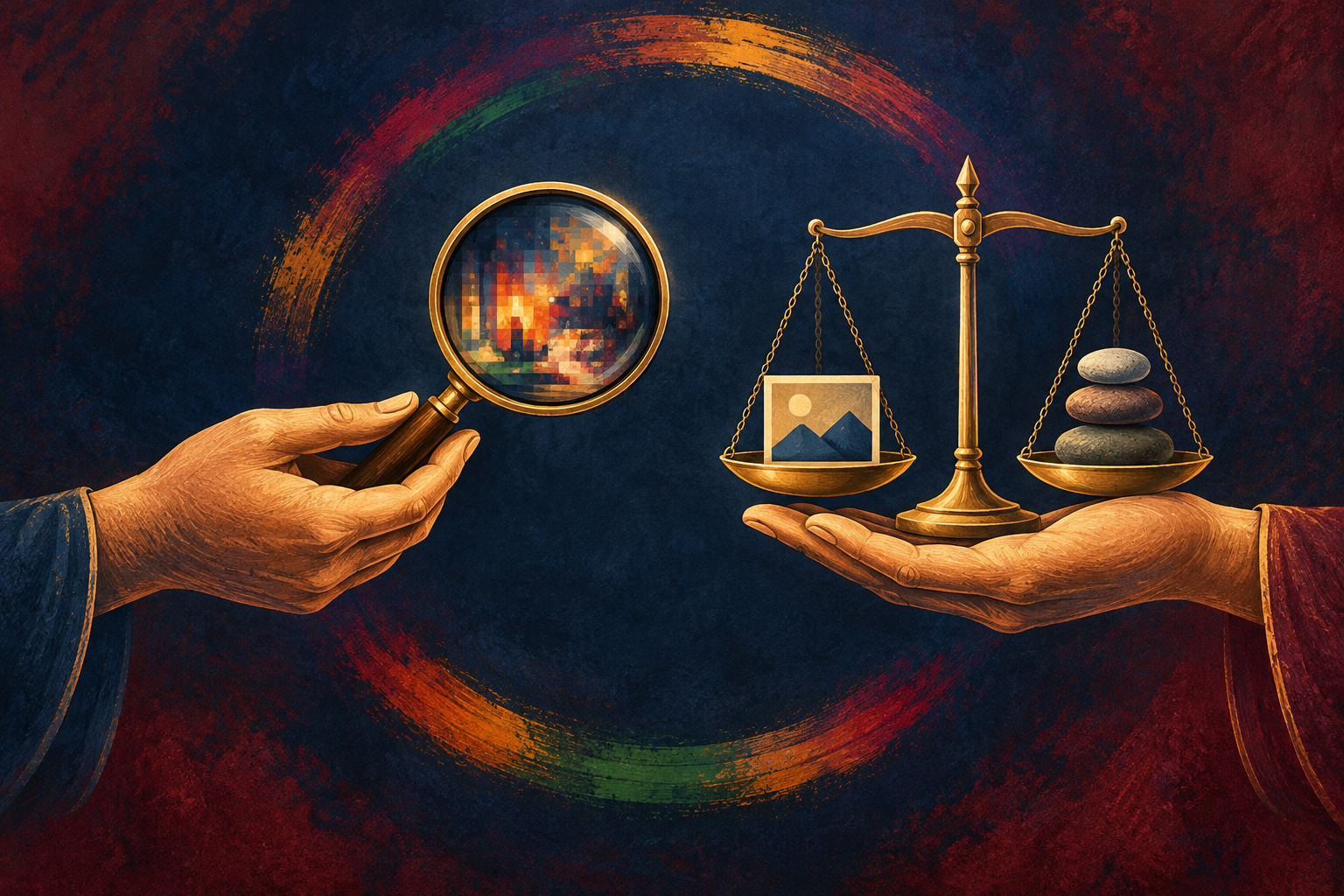 Symbolic illustration of one hand offering a magnifying glass with a pixelated image fragment while another holds a balanced brass scale with an image and reference stones.