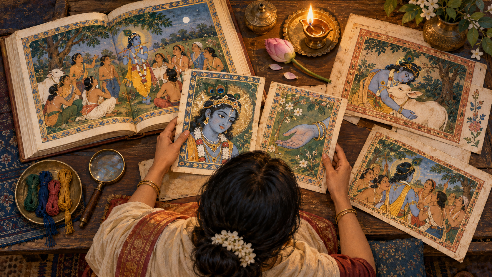 A reader compares illustration-only manuscript folios showing Krishna's face, gestures, protective action, and companions at a lamplit wooden desk.