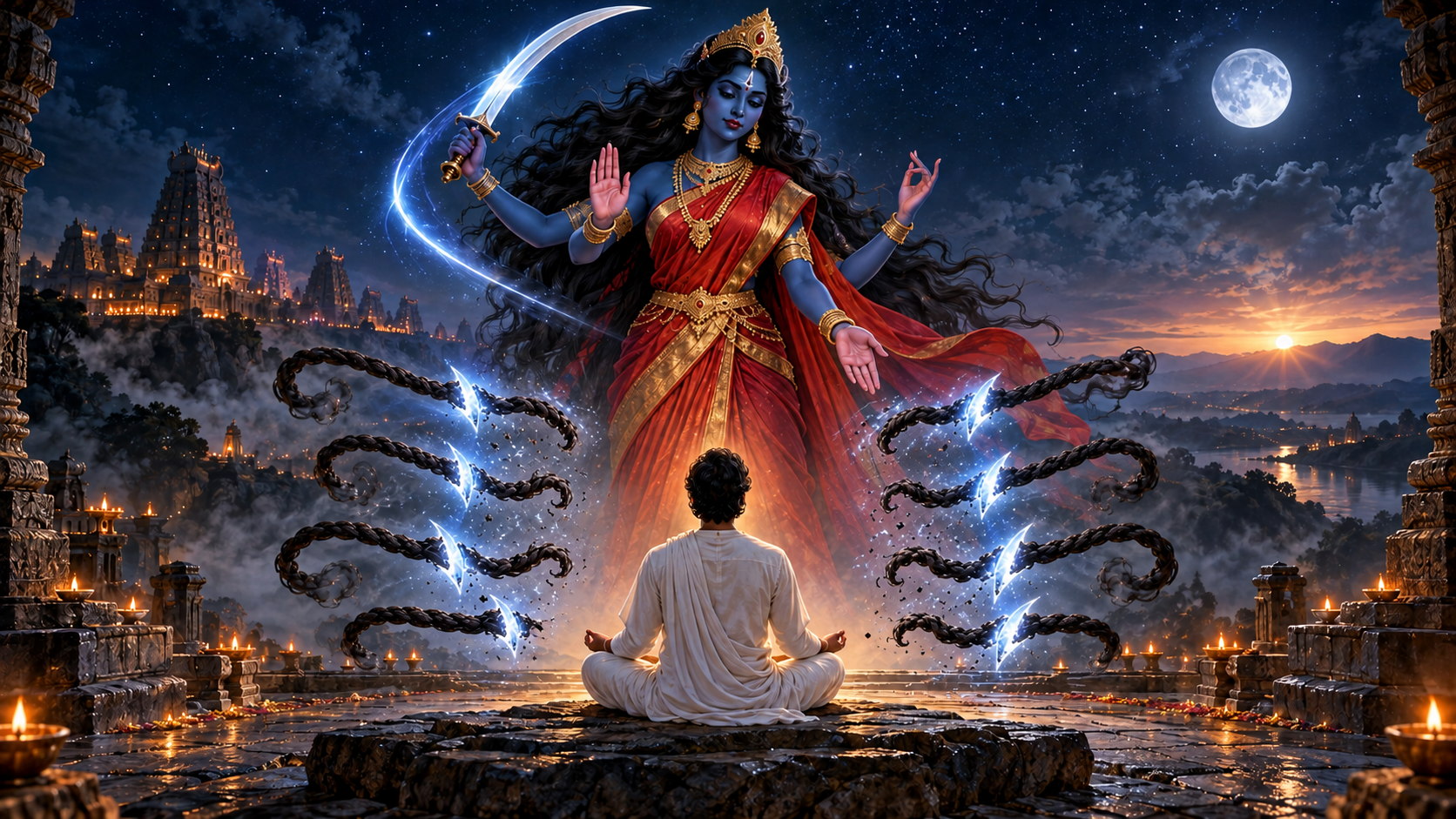 Kali stands beneath a night sky as blue-white light breaks eight dark cords surrounding a seated seeker.