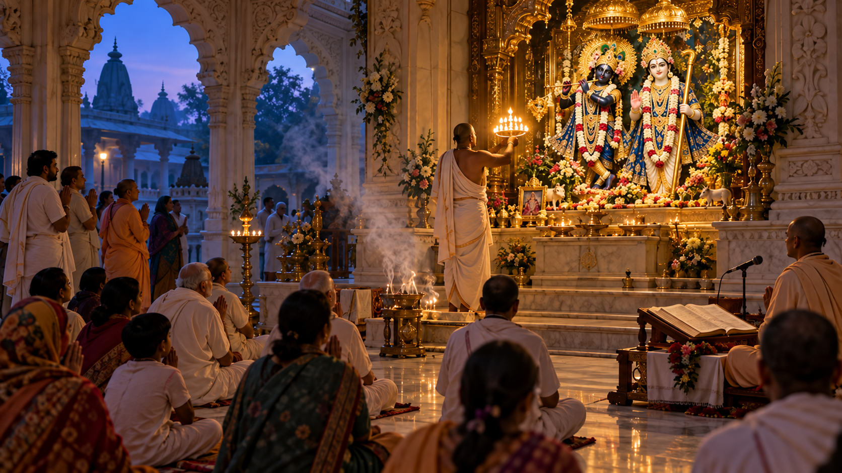 Devotees attend a pre-dawn arati in a Vrindavan temple, with an illuminated Krishna-Balarama altar and an open scripture prepared for discourse.