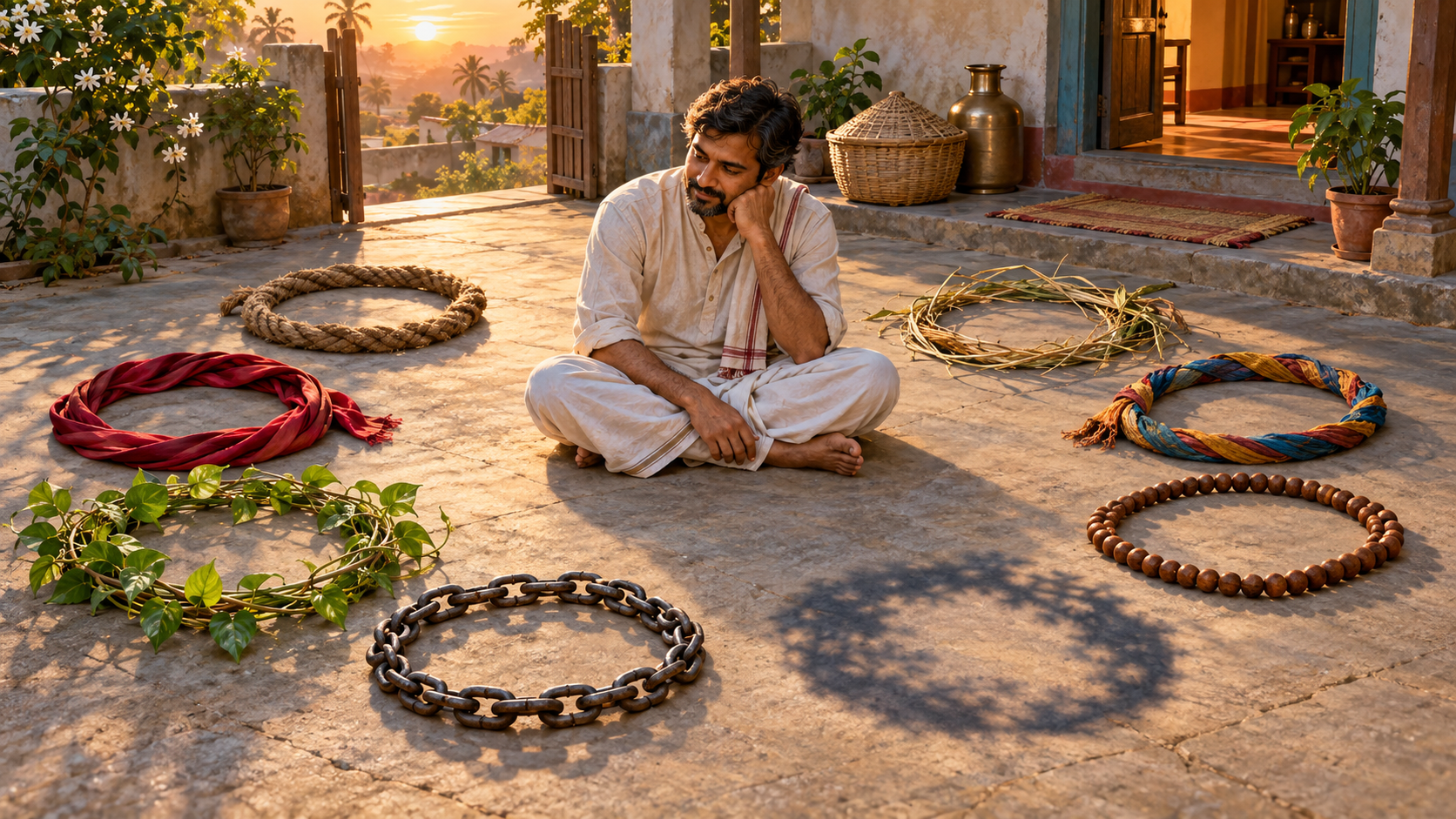 A person reflects in a sunrise courtyard beside eight varied rope loops and objects associated with ordinary household duties.
