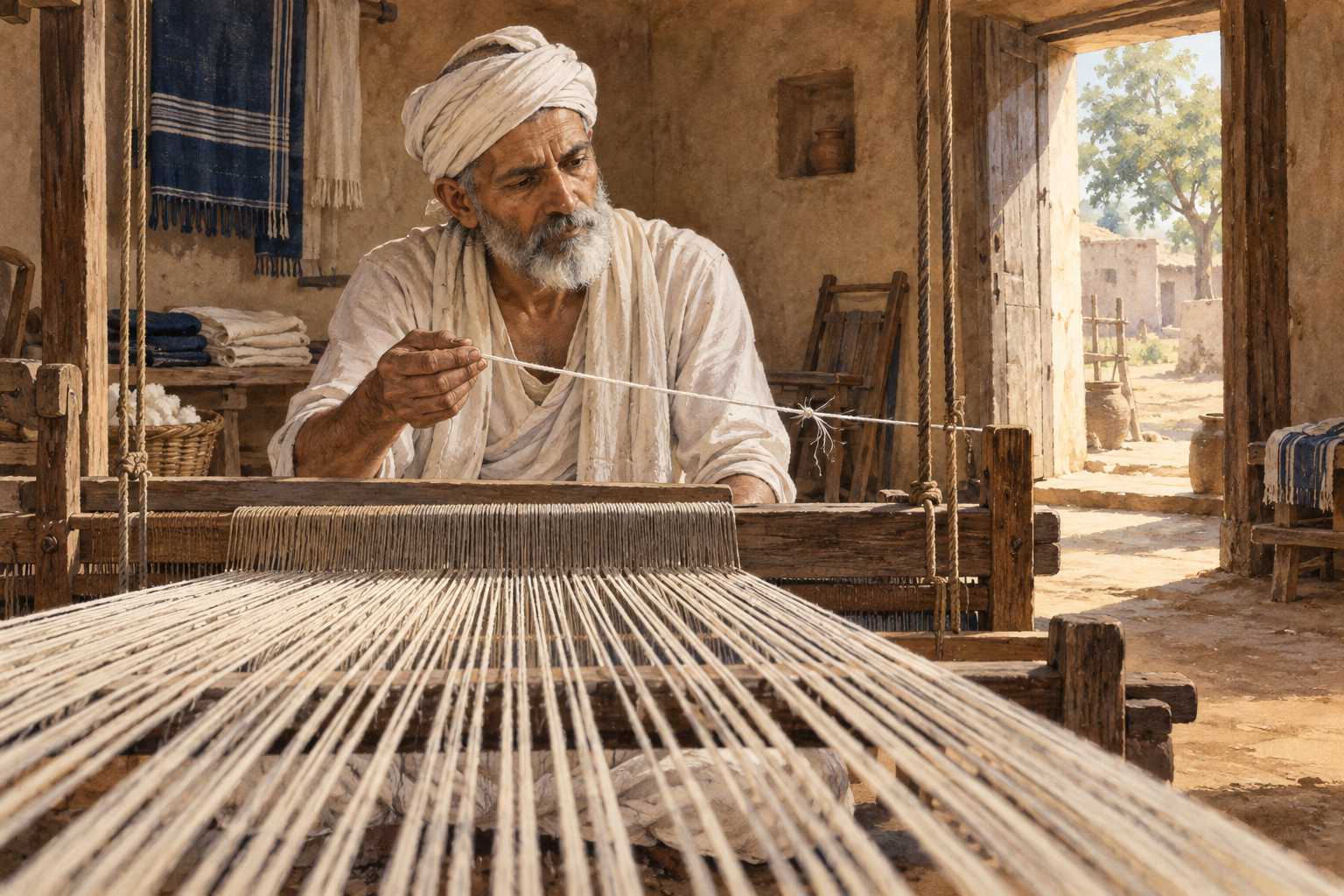 A mature weaver pauses at a wooden handloom while sunlight falls across taut threads and a visible knot.