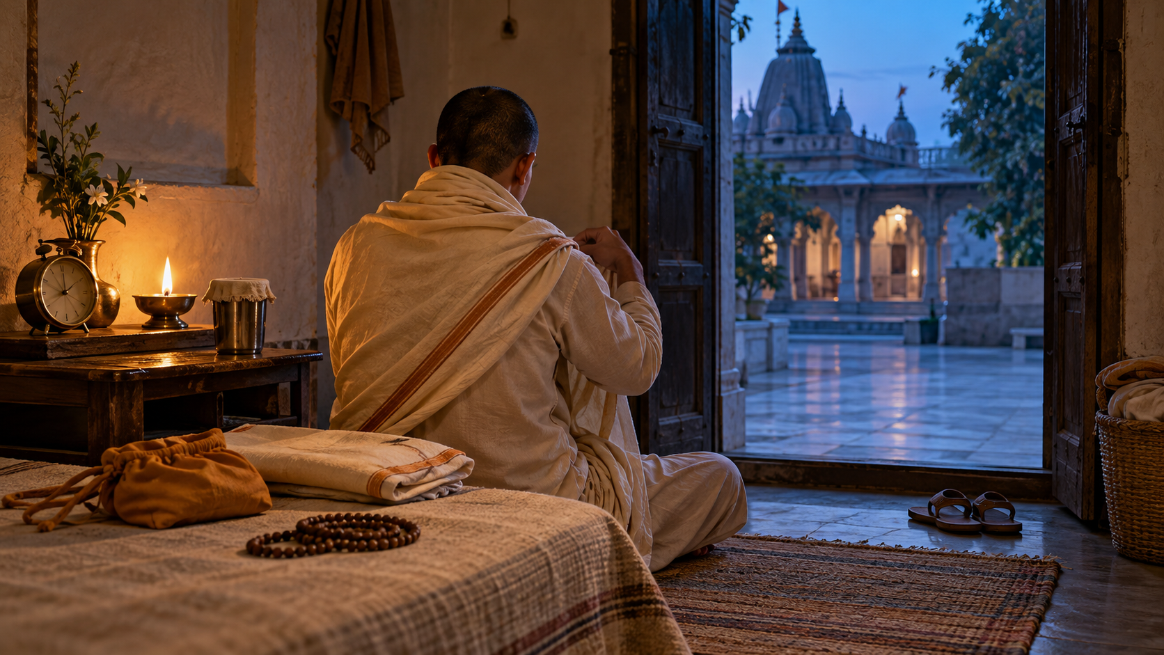 A devotee prepares before dawn with a shawl, prayer beads, sitting cloth, and sandals beside an open doorway leading toward a temple courtyard.