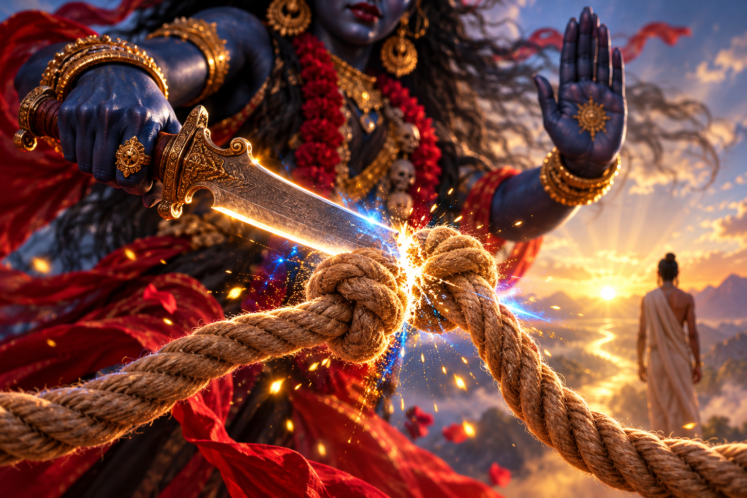 Kali's blue hand uses a curved sword to cut a thick rope knot while another hand is raised protectively.