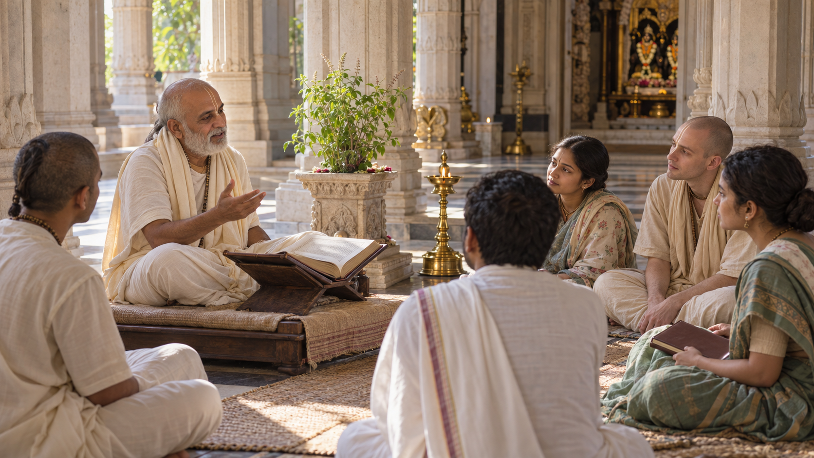 A Vaishnava teacher speaks from an open scripture while devotees listen attentively on mats in a sunlit temple hall.