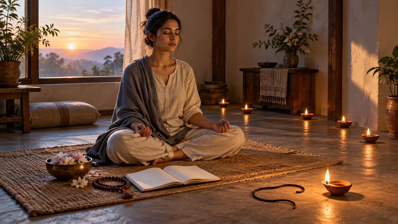 A practitioner meditates beside seven clay lamps, a loosened dark cord, prayer beads, flowers, and an open blank journal.