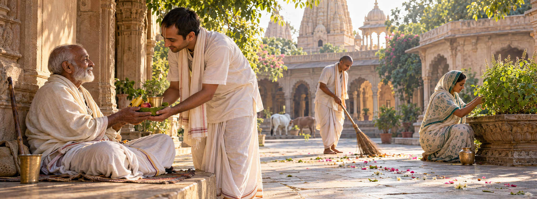 Devotees put spiritual teaching into practice by offering food to an elderly pilgrim, sweeping a courtyard, and caring for a tulasi plant.