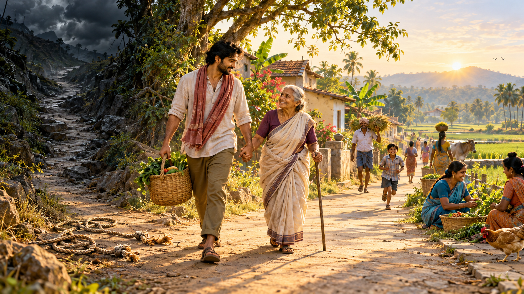 A person walks attentively with an older relative and a shared basket while broken rope loops remain on the path behind them.