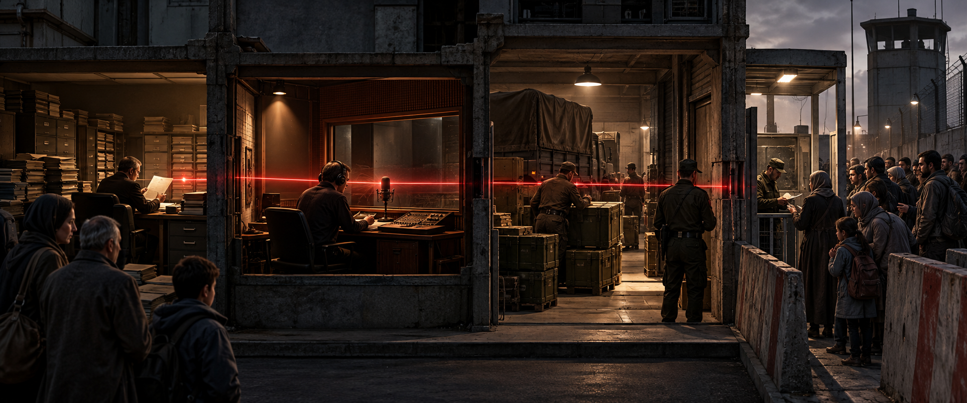 A cutaway illustration connects a filing room, radio studio, supply depot, and checkpoint with a single red beam, suggesting coordinated institutions.