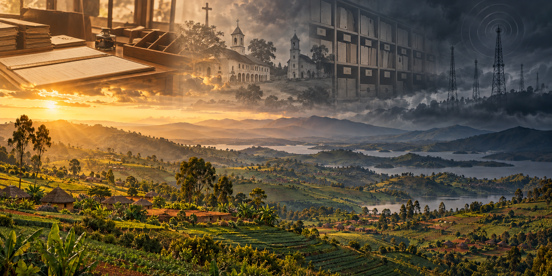 Terraced Rwandan hills and neighbouring farming communities sit beneath layered silhouettes of colonial administration, mission buildings, identity compartments, and radio towers.