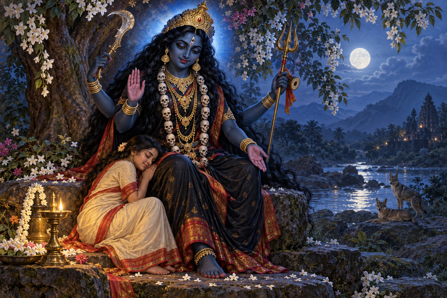Kali sits beneath a flowering tree with a protective hand raised as a devotee rests near her feet in warm lamplight.