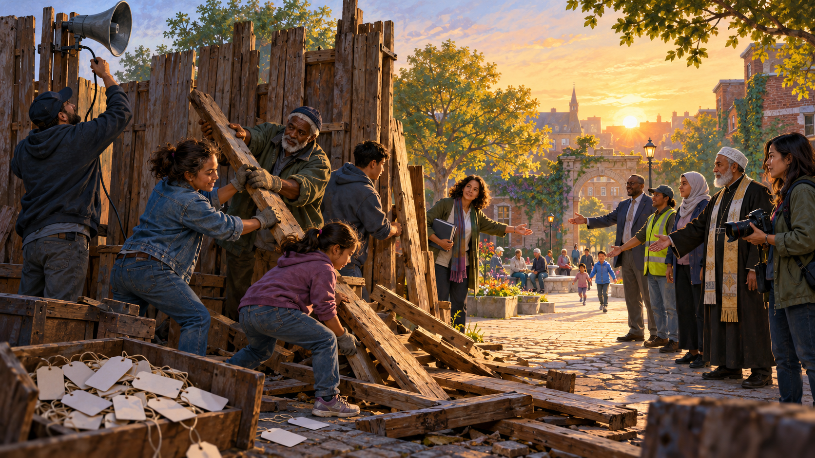 Community members dismantle wooden barriers, set aside blank identity tags, and unplug a loudspeaker as an open courtyard brightens at dawn.