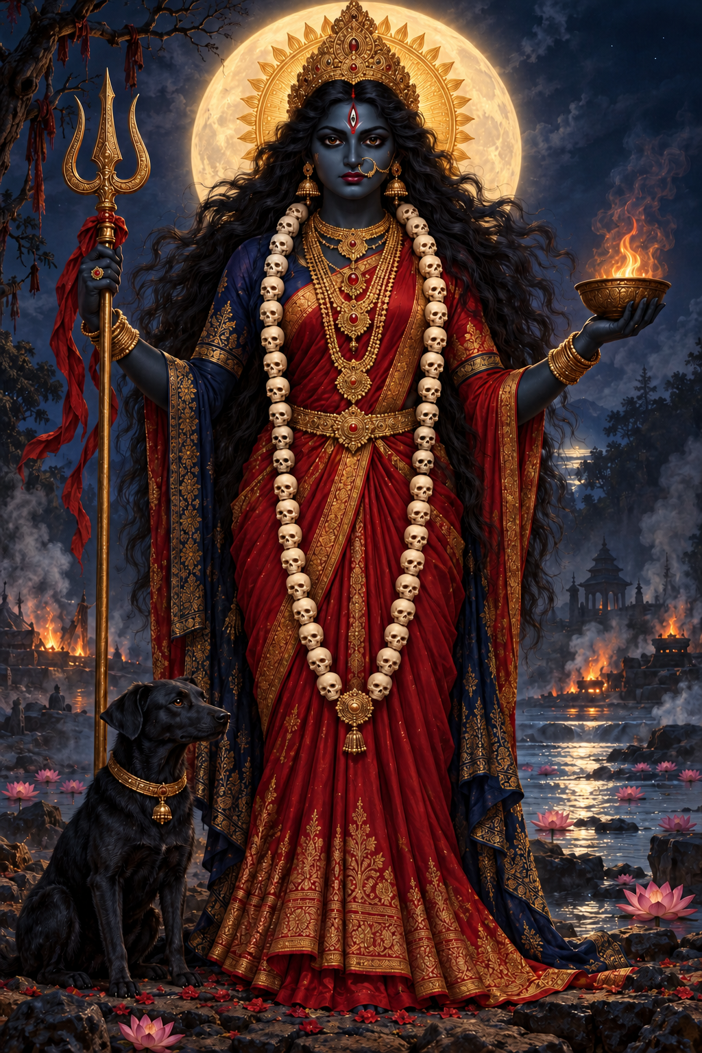 Kali stands beneath a golden halo in a moonlit landscape, wearing a long garland of fifty stylized, bloodless skulls.