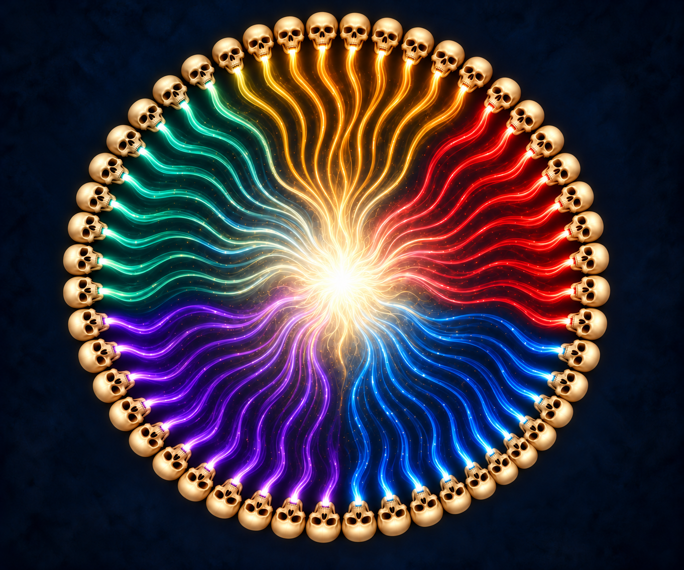 Fifty small ivory skulls form a circular pattern, with colored ribbons of light flowing from their mouths into a bright central glow.