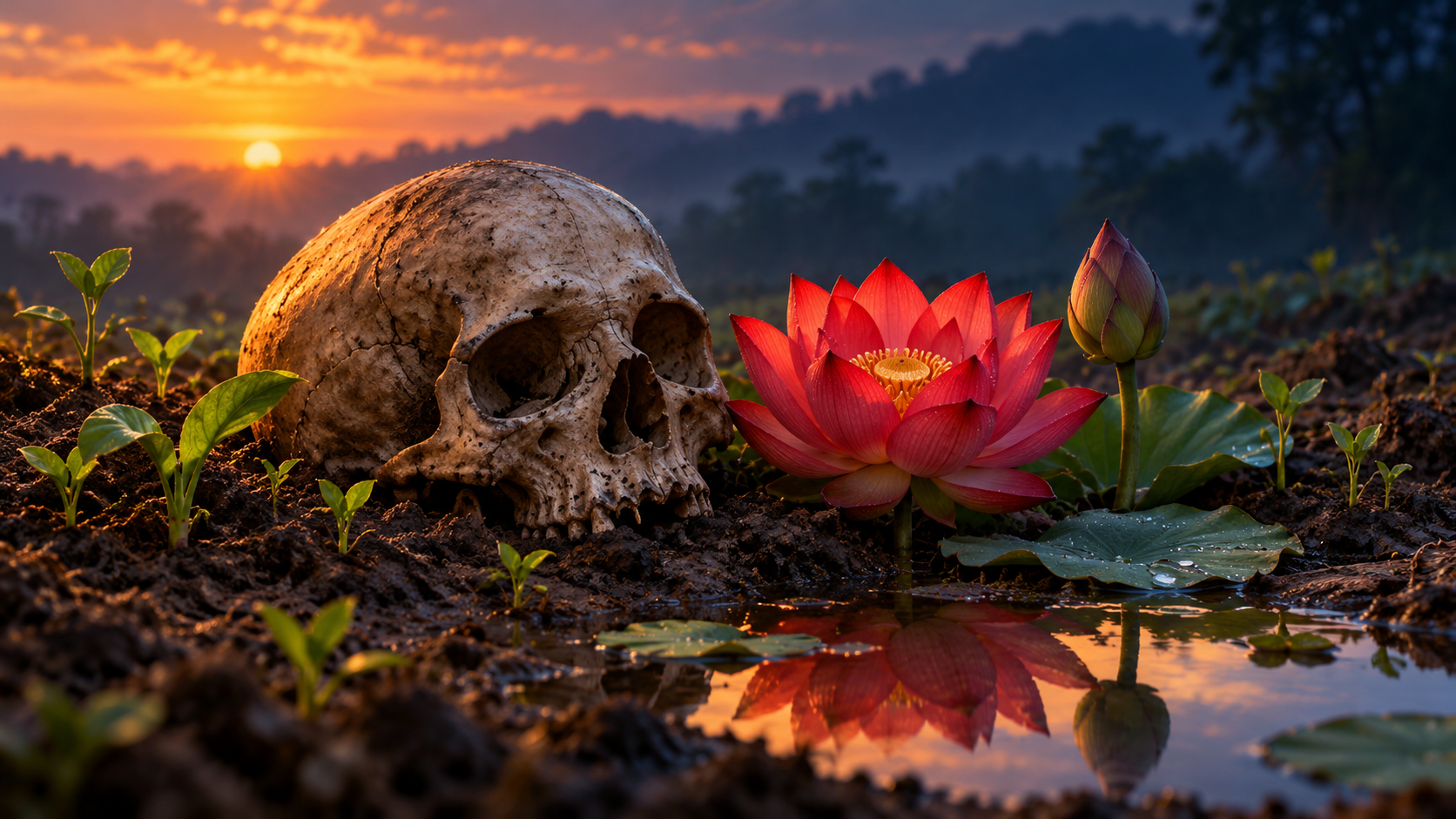 A weathered skull rests beside a red lotus, green shoots, a seedpod, and a small pool in the light of dawn.