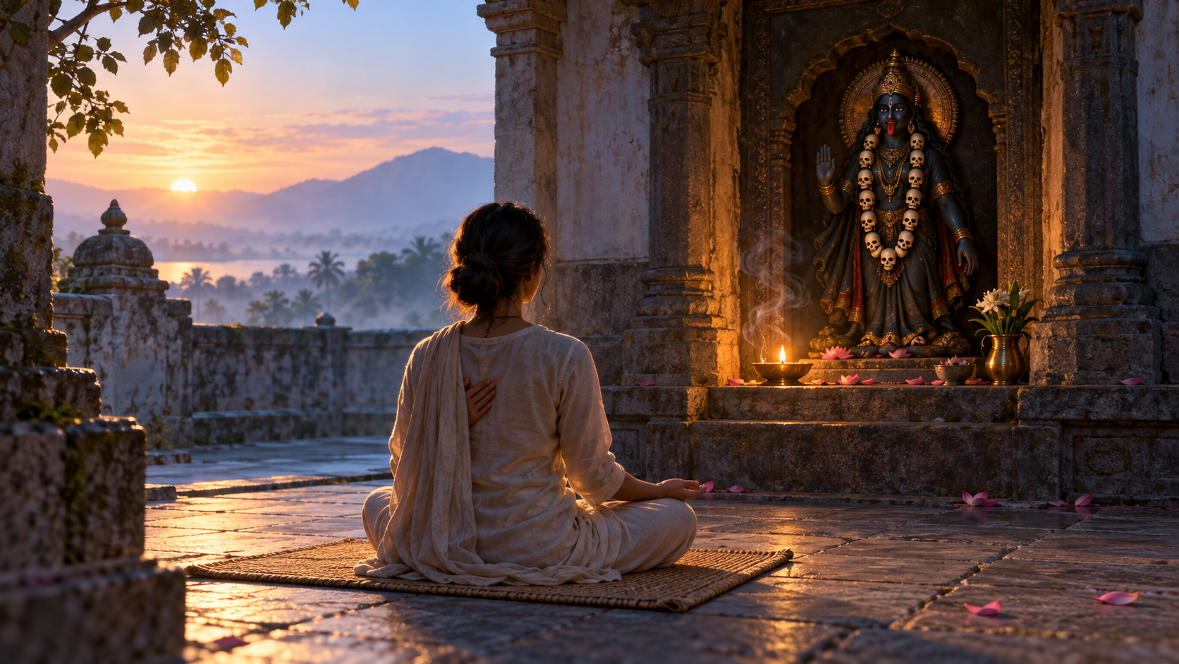A seated practitioner quietly faces a small image of Kali wearing a skull garland in a softly lit stone shrine courtyard.