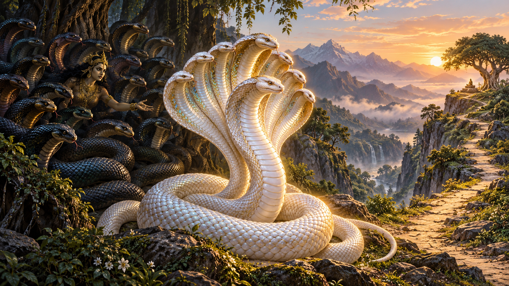 Shesha stands between a shadowed gathering of serpent relatives and a sunlit mountain path leading into solitude.