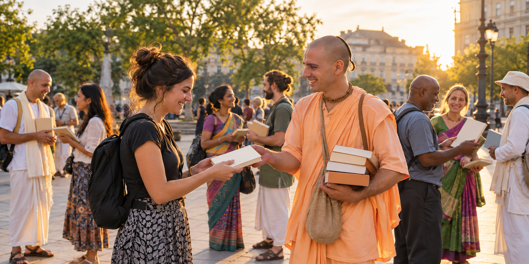 Vaishnava volunteers offer spiritual books to passersby in a sunlit city plaza.