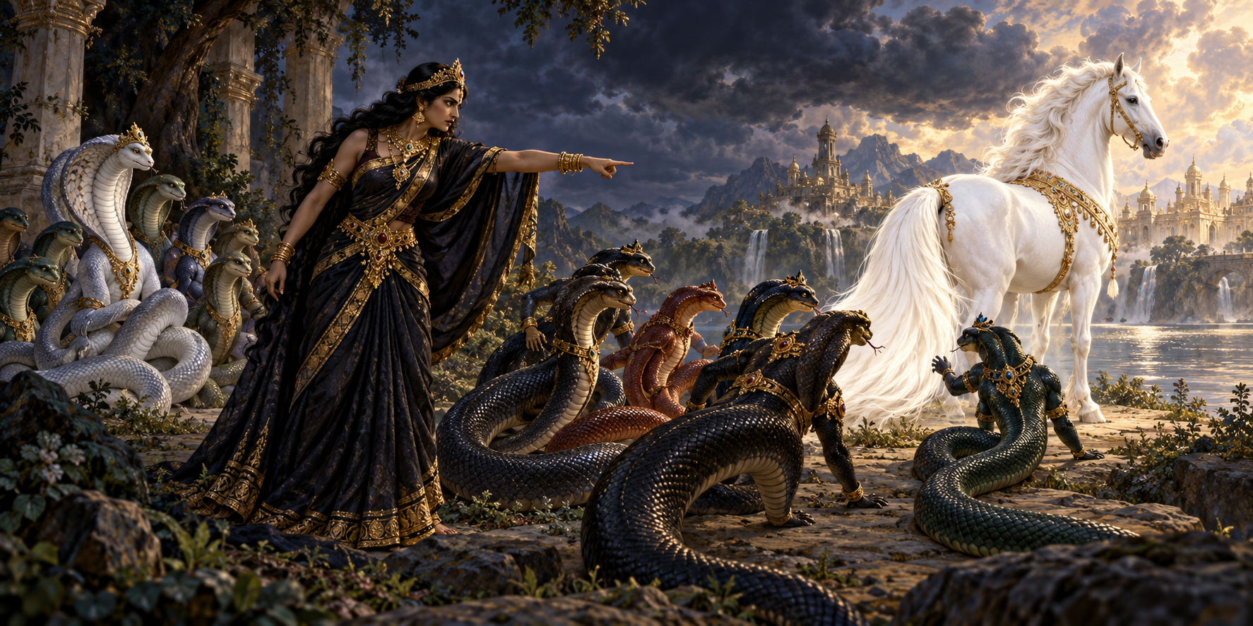 Kadru gestures toward a white celestial horse as serpent sons approach its tail while Shesha and several others hold back.