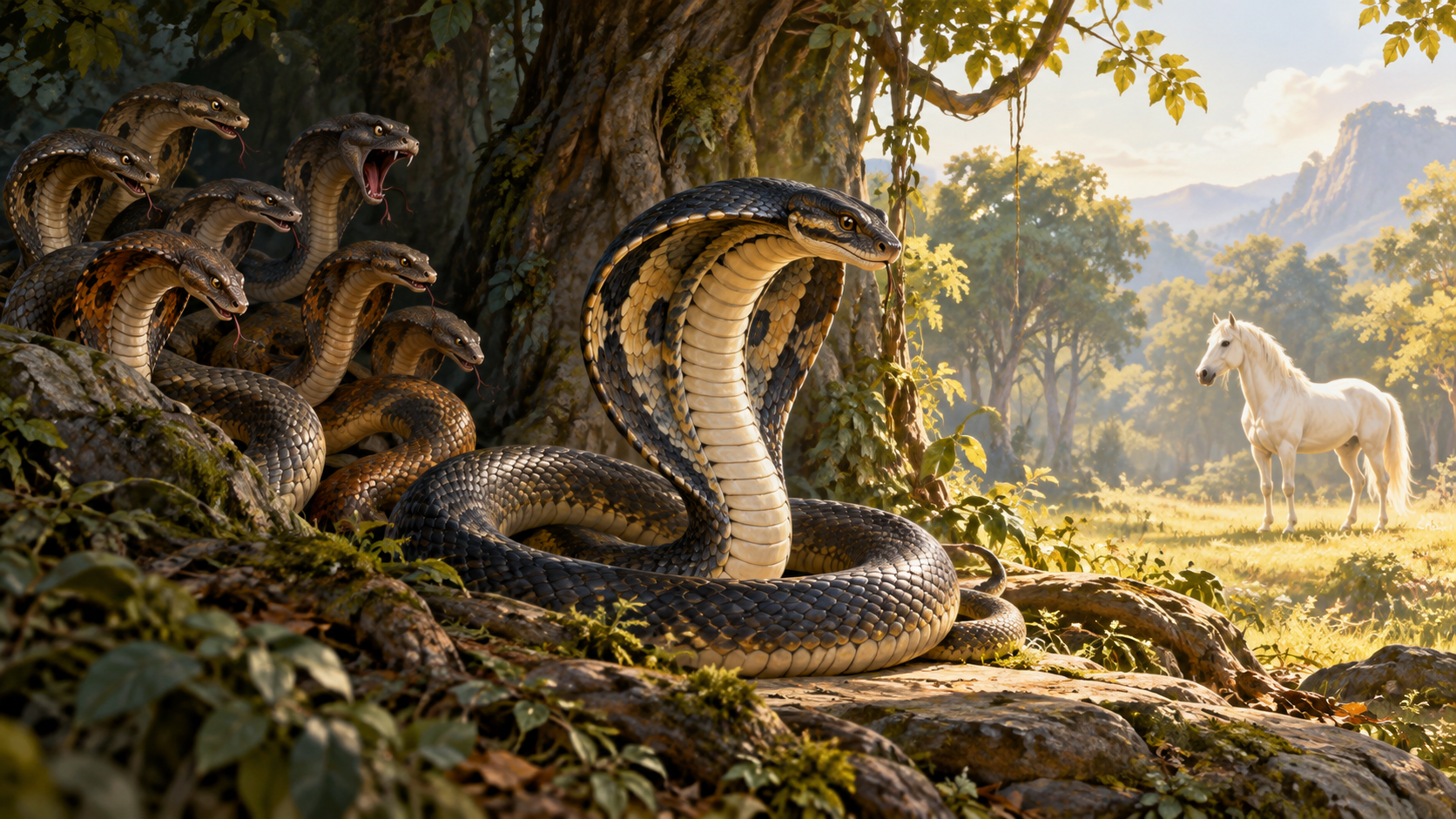 A contemplative Shesha pauses between distressed serpent relatives and a white horse standing in a sunlit clearing.