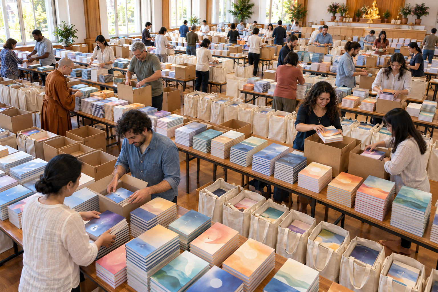Volunteers sort and pack rows of spiritual books in a bright community hall.