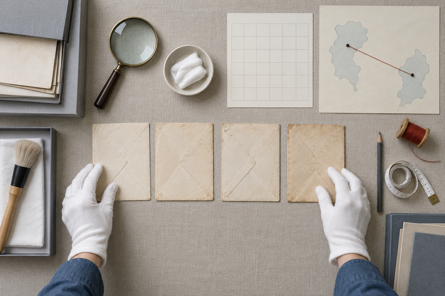 Gloved hands organize blank-backed historical letters beside archival tools and an unlabeled map connected by thread.