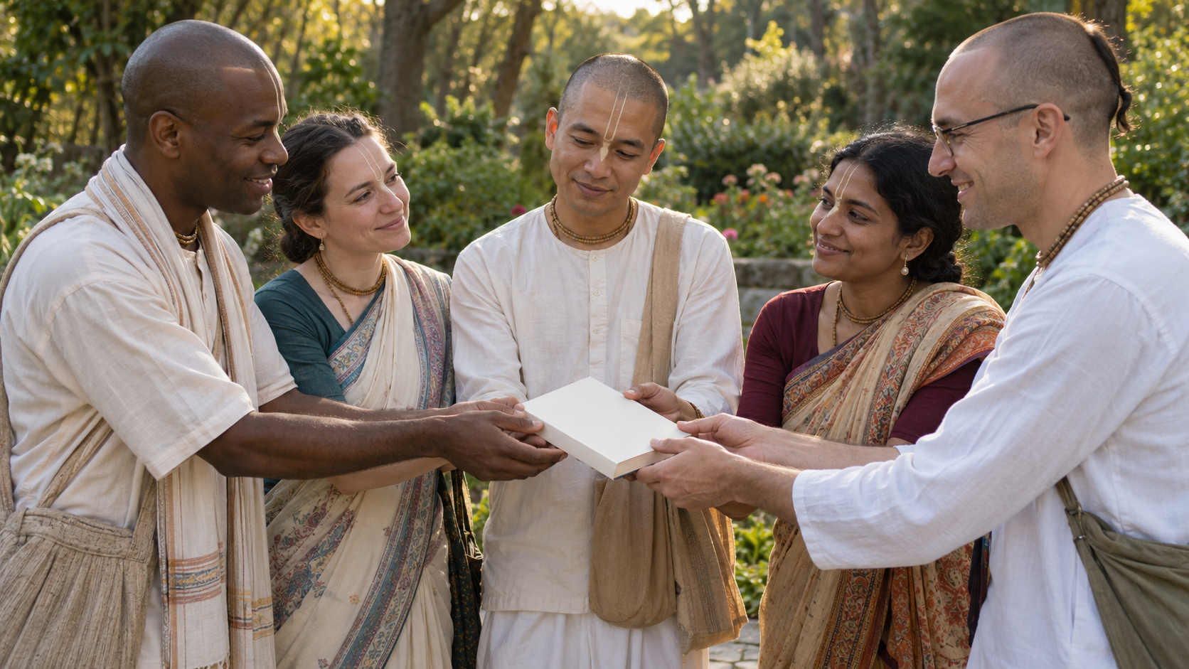 A diverse group of Vaishnava book distributors shares a book in a garden after service.