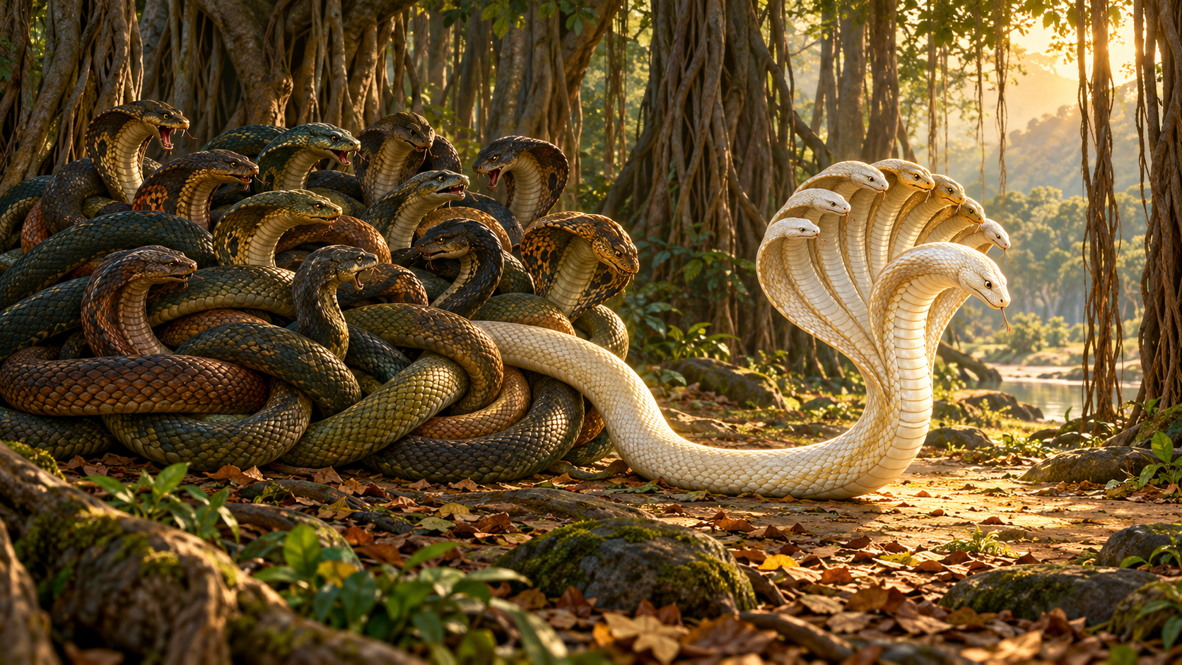 Shesha calmly withdraws from a tangled circle of agitated serpent relatives in a forest clearing.