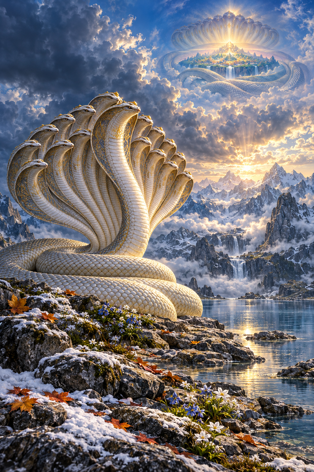 Shesha practices austerity beside a mountain lake as a luminous vision of the earth resting on his coils appears in the distance.