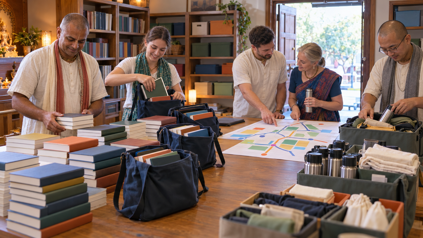 Volunteers organize books, bags, supplies, and a simple route before a distribution outing.