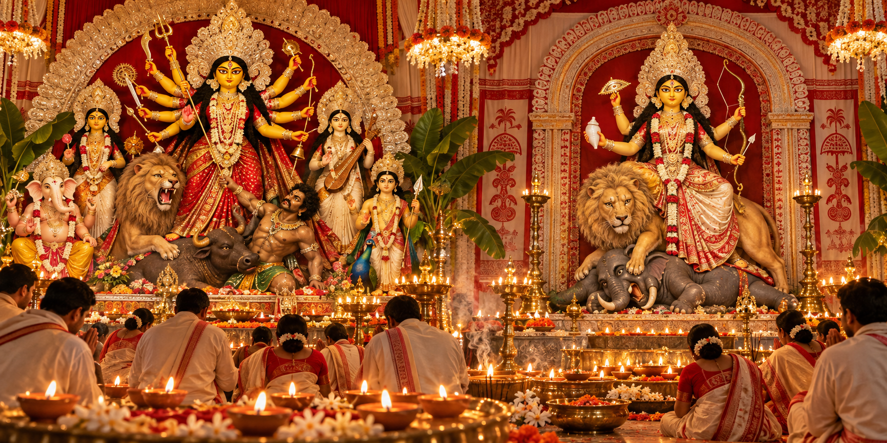 Bengali puja tableaux of ten-armed Durga with Mahishasura and four-armed Jagadhatri on a lion above an elephant demon, surrounded by lamps and worshippers.
