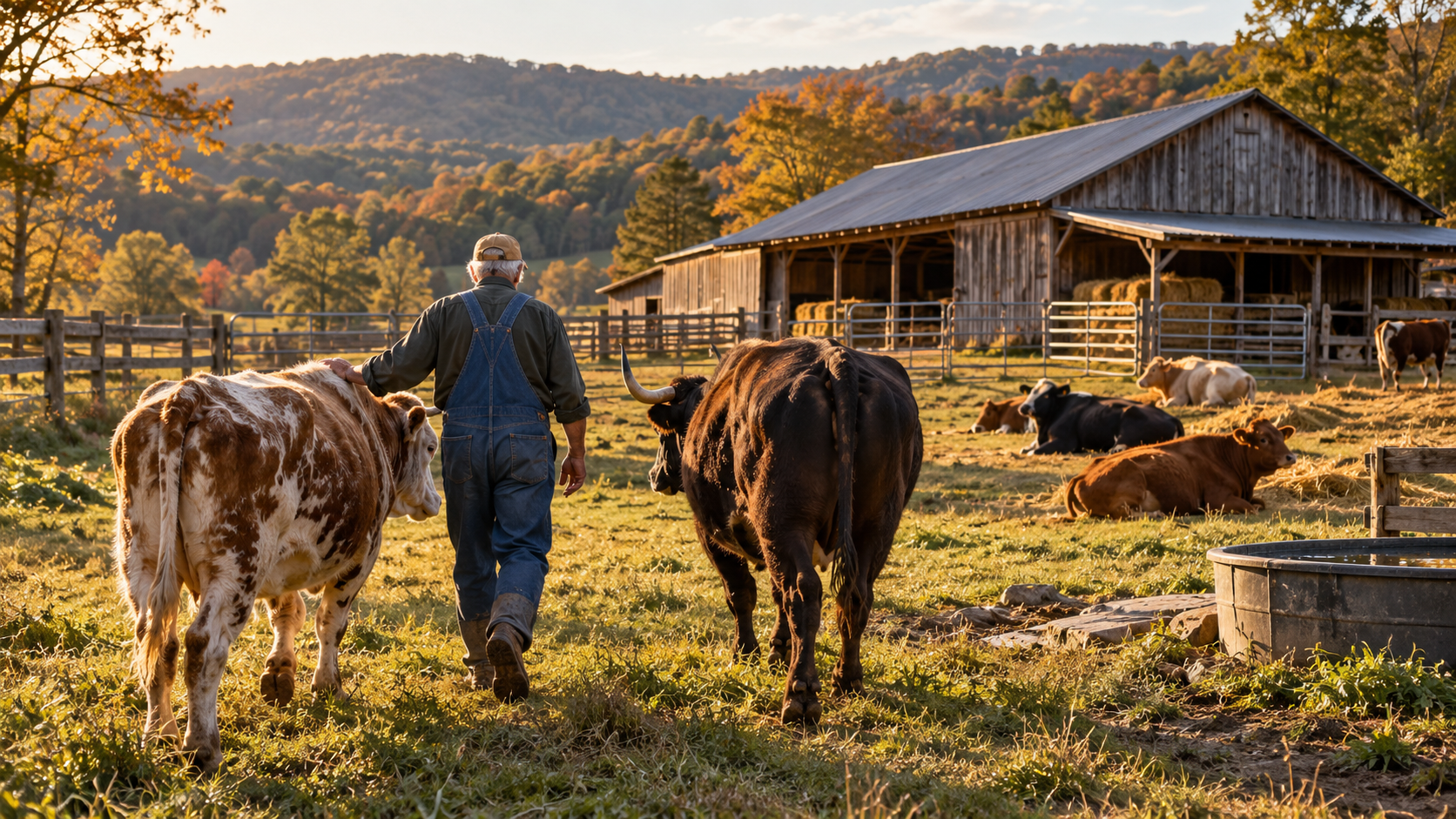 An elderly caretaker walks through an autumn pasture with an aged cow and a working ox near a wooden sanctuary barn.