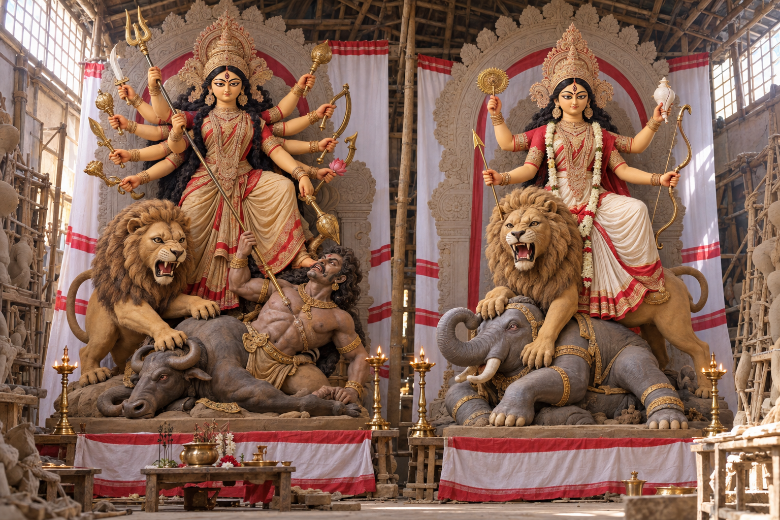 Finished clay images of Durga and Jagadhatri displayed side by side, showing their different numbers of arms, weapons, mounts and defeated demons.