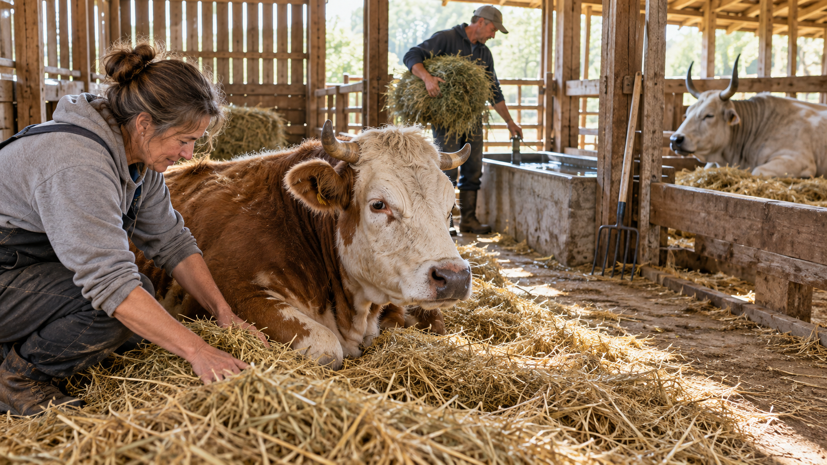 Caretakers provide fresh bedding, hay, and water for an elderly cow and a resting ox inside a clean wooden barn.